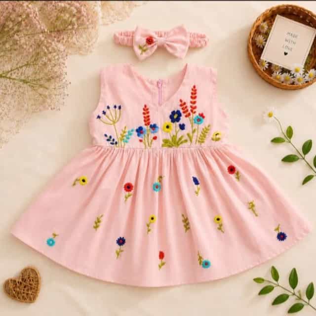 Baby Pink Hand Embroidery Cotton Frock for Girls | Floral Stitch Party Dress