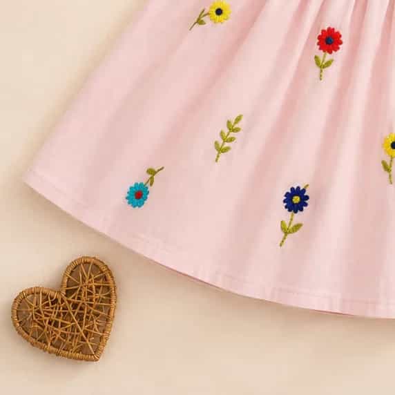 Baby Pink Hand Embroidery Cotton Frock for Girls | Floral Stitch Party Dress