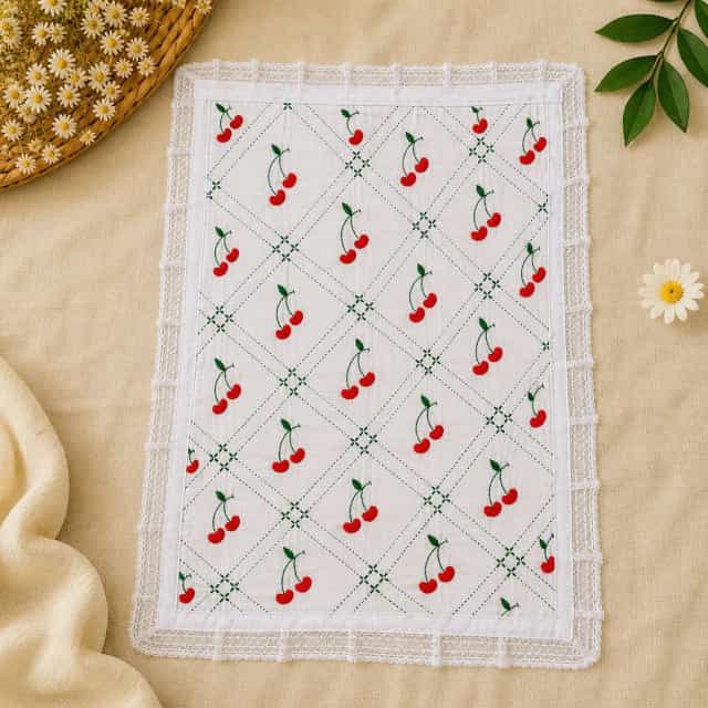 Handmade Cherry Nakshi Katha Set (3 Part) | White Cotton Embroidery Baby Bedding