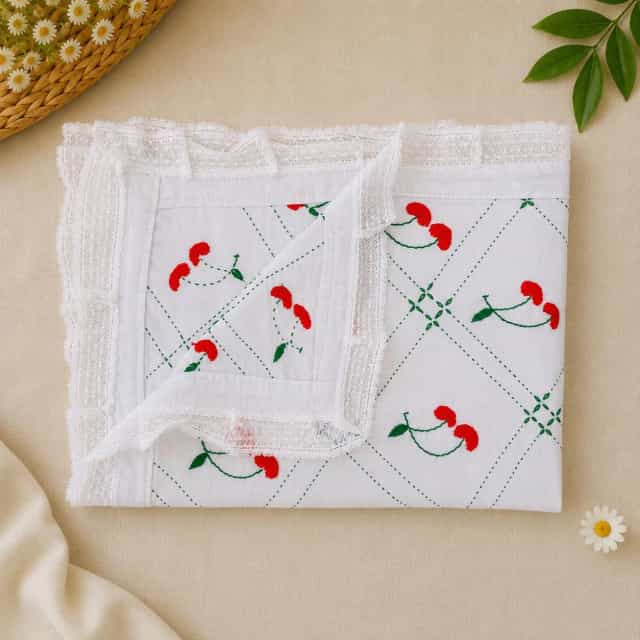 Handmade Cherry Nakshi Katha Set (3 Part) | White Cotton Embroidery Baby Bedding
