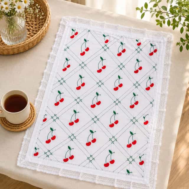 Handmade Cherry Nakshi Katha Set (3 Part) | White Cotton Embroidery Baby Bedding