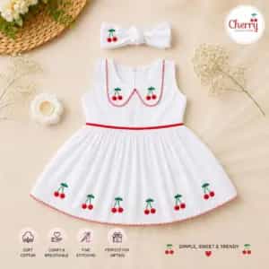 Cherry Embroidery Baby Girl Dress with Matching Hair Band | Soft Cotton White Dress