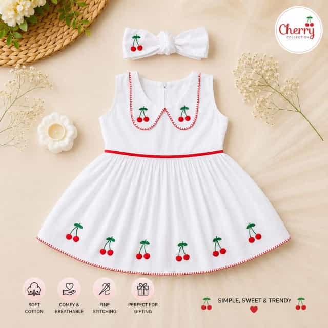 Cherry Embroidery Baby Girl Dress with Matching Hair Band | Soft Cotton White Dress