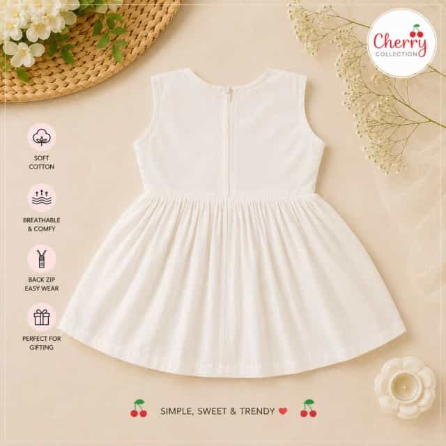 Cherry Embroidery Baby Girl Dress with Matching Hair Band | Soft Cotton White Dress