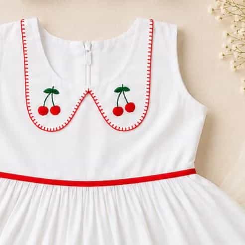 Cherry Embroidery Baby Girl Dress with Matching Hair Band | Soft Cotton White Dress