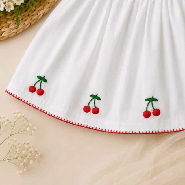 Cherry Embroidery Baby Girl Dress with Matching Hair Band | Soft Cotton White Dress