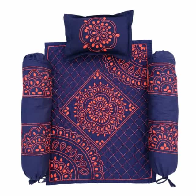Baby Nakshi Katha Combo Set (4 Pcs) – Soft Cotton1 Navy Blue Baby Nakshi Katha Combo Set (4 Pcs) | Handmade Cotton Bedding | Suta.bd