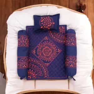 Baby Nakshi Katha Combo Set (4 Pcs) – Soft Cotton2 Navy Blue Baby Nakshi Katha Combo Set (4 Pcs) | Handmade Cotton Bedding | Suta.bd