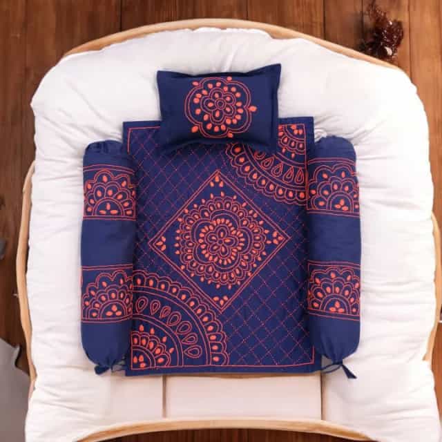 Baby Nakshi Katha Combo Set (4 Pcs) – Soft Cotton2 Navy Blue Baby Nakshi Katha Combo Set (4 Pcs) | Handmade Cotton Bedding | Suta.bd