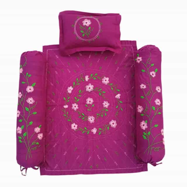 Handmade Baby Nokshi Katha Set (32×22 inch) with Pillow & 2 Bolster1 Handmade Plum Purple Nakshi Katha Set (4 Pcs) | Cotton Baby Bedding with Free Gift | Suta.bd