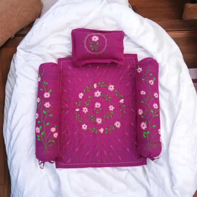 Handmade Baby Nokshi Katha Set (32×22 inch) with Pillow & 2 Bolster8 Handmade Plum Purple Nakshi Katha Set (4 Pcs) | Cotton Baby Bedding with Free Gift | Suta.bd