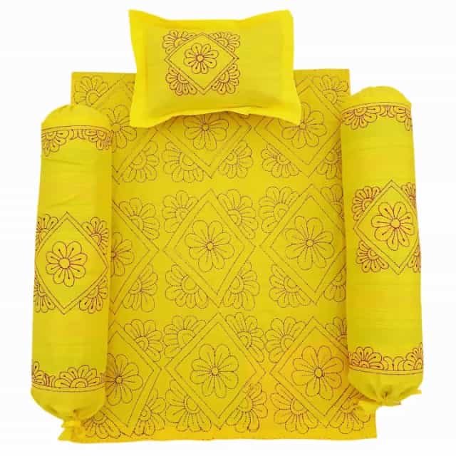 Handmade Nakshi Katha Set 4 Pcs Soft Cotton Baby Bedding Set Baby Quilt + Pillow + 2 Bolster1 Handmade Nakshi Katha Set (4 Pcs) | Soft Cotton Baby Bedding Set | Bright Yellow | Suta.bd