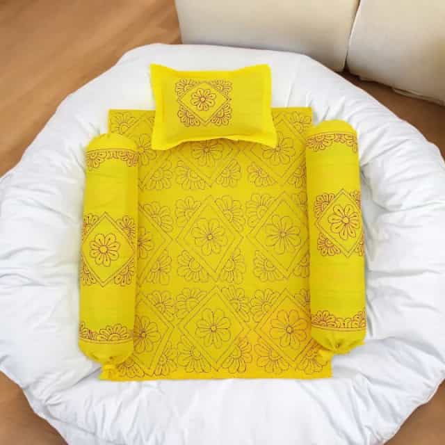 Handmade Nakshi Katha Set 4 Pcs Soft Cotton Baby Bedding Set Baby Quilt + Pillow + 2 Bolster2 Handmade Nakshi Katha Set (4 Pcs) | Soft Cotton Baby Bedding Set | Bright Yellow | Suta.bd