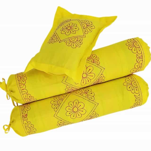 Handmade Nakshi Katha Set 4 Pcs Soft Cotton Baby Bedding Set Baby Quilt + Pillow + 2 Bolster5 Handmade Nakshi Katha Set (4 Pcs) | Soft Cotton Baby Bedding Set | Bright Yellow | Suta.bd