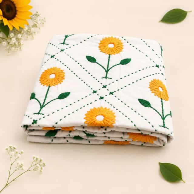 Premium Baby Nakshi Katha Towel Cotton Handmade Embroidery Soft Baby Kantha 35×26 Inch Sunflower Design 1 Premium Baby Nakshi Katha Towel | Handmade Sunflower Embroidery (35x26 Inch)
