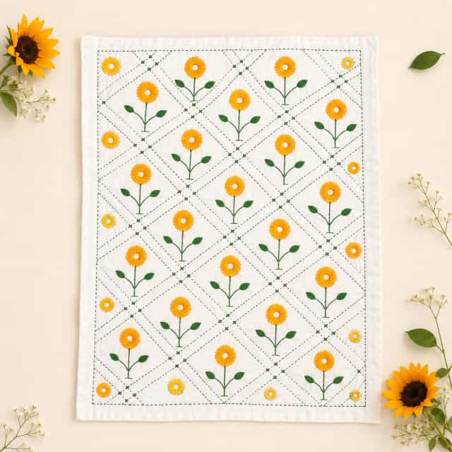 Premium Baby Nakshi Katha Towel Cotton Handmade Embroidery Soft Baby Kantha 35×26 Inch Sunflower Design Premium Baby Nakshi Katha Towel | Handmade Sunflower Embroidery (35x26 Inch)