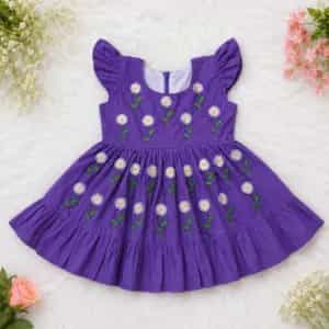 Purple Daisy Flower Embroidery Baby Girl Dress | Handmade Cotton Frock Purple Daisy Flower Embroidery Baby Girl Dress | Handmade Cotton Frock