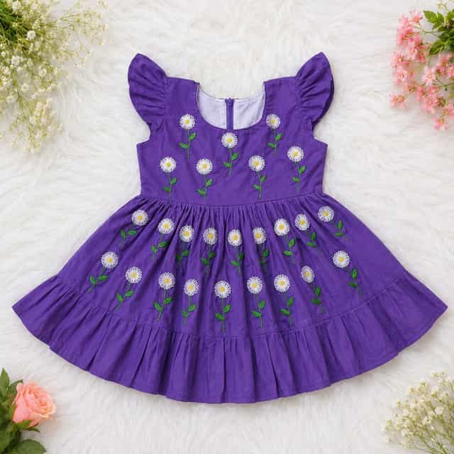Purple Daisy Flower Embroidery Baby Girl Dress | Handmade Cotton Frock Purple Daisy Flower Embroidery Baby Girl Dress | Handmade Cotton Frock