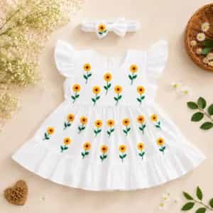 Sunflower Hand Embroidery Baby Dress with Matching Hairband White Cotton Baby Frock for Girls1 Sunflower Hand Embroidery Baby Dress with Matching Hairband | White Cotton Frock | Suta.bd