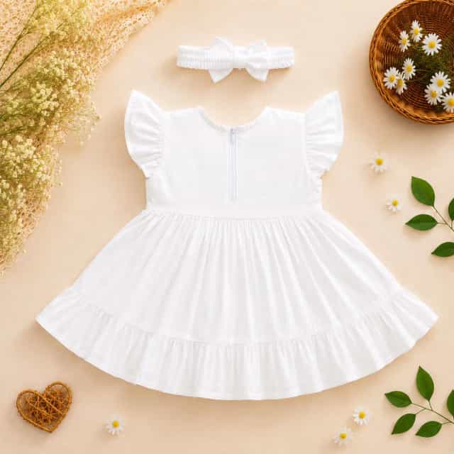 Sunflower Hand Embroidery Baby Dress with Matching Hairband White Cotton Baby Frock for Girls5 Sunflower Hand Embroidery Baby Dress with Matching Hairband | White Cotton Frock | Suta.bd
