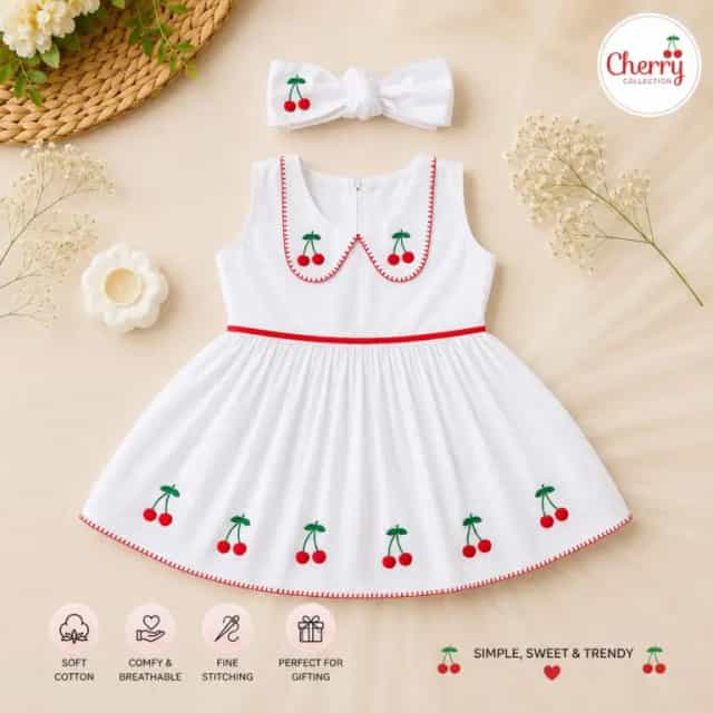 Cherry Embroidery Baby Girl Dress with Matching Hair Band | Soft Cotton White Dress Cherry Embroidery Baby Girl Dress with Matching Hair Band | Soft Cotton White Dress