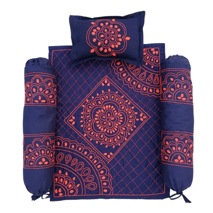 Navy Blue Baby Nakshi Katha Combo Set (4 Pcs) | Handmade Cotton Bedding | Suta.bd