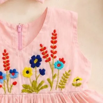 Baby Pink Hand Embroidery Cotton Frock for Girls | Floral Stitch Party Dress