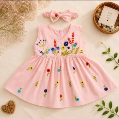 Baby Pink Hand Embroidery Cotton Frock for Girls | Floral Stitch Party Dress