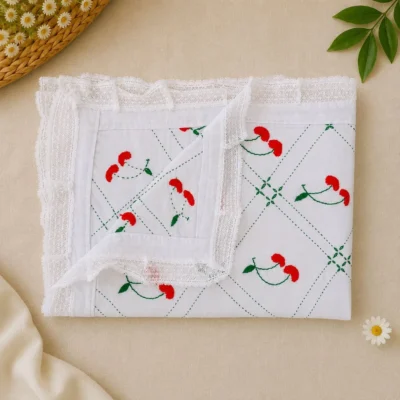 Handmade Cherry Nakshi Katha Set (3 Part) | White Cotton Embroidery Baby Bedding