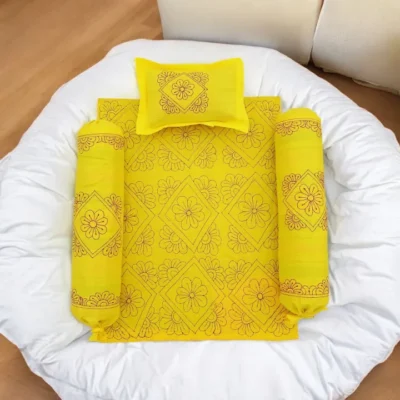 Handmade Nakshi Katha Set (4 Pcs) | Soft Cotton Baby Bedding Set | Bright Yellow | Suta.bd