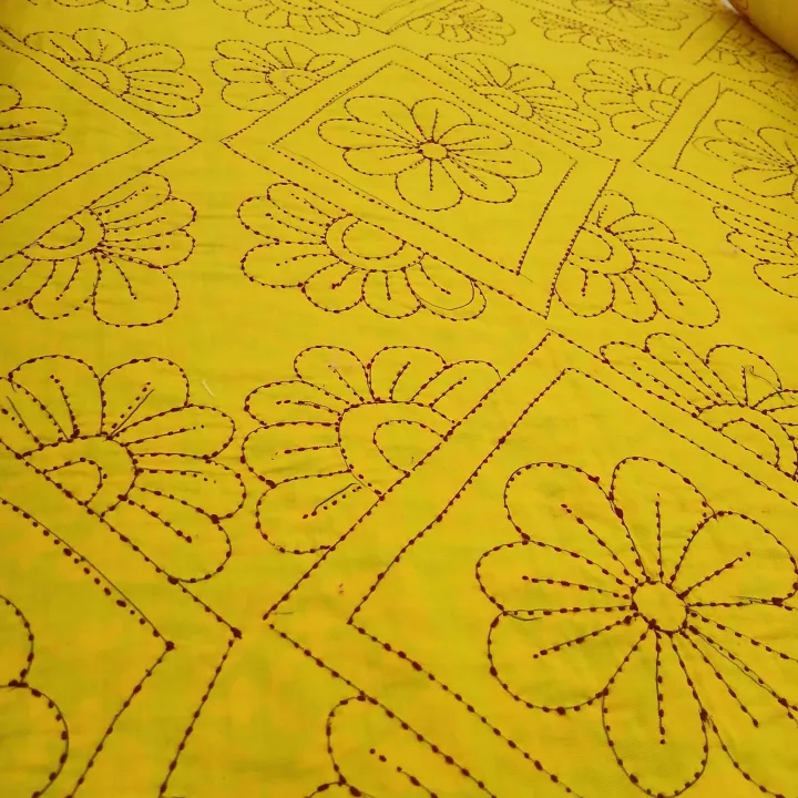 Handmade Nakshi Katha Set (4 Pcs) | Soft Cotton Baby Bedding Set | Bright Yellow | Suta.bd