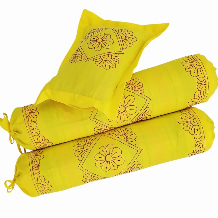 Handmade Nakshi Katha Set (4 Pcs) | Soft Cotton Baby Bedding Set | Bright Yellow | Suta.bd