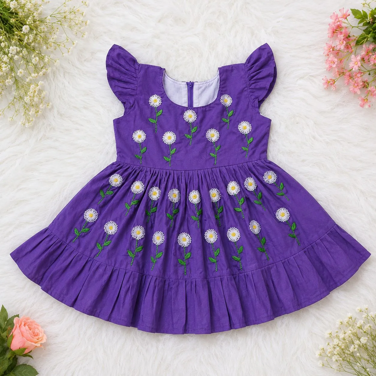 Purple Daisy Flower Embroidery Baby Girl Dress