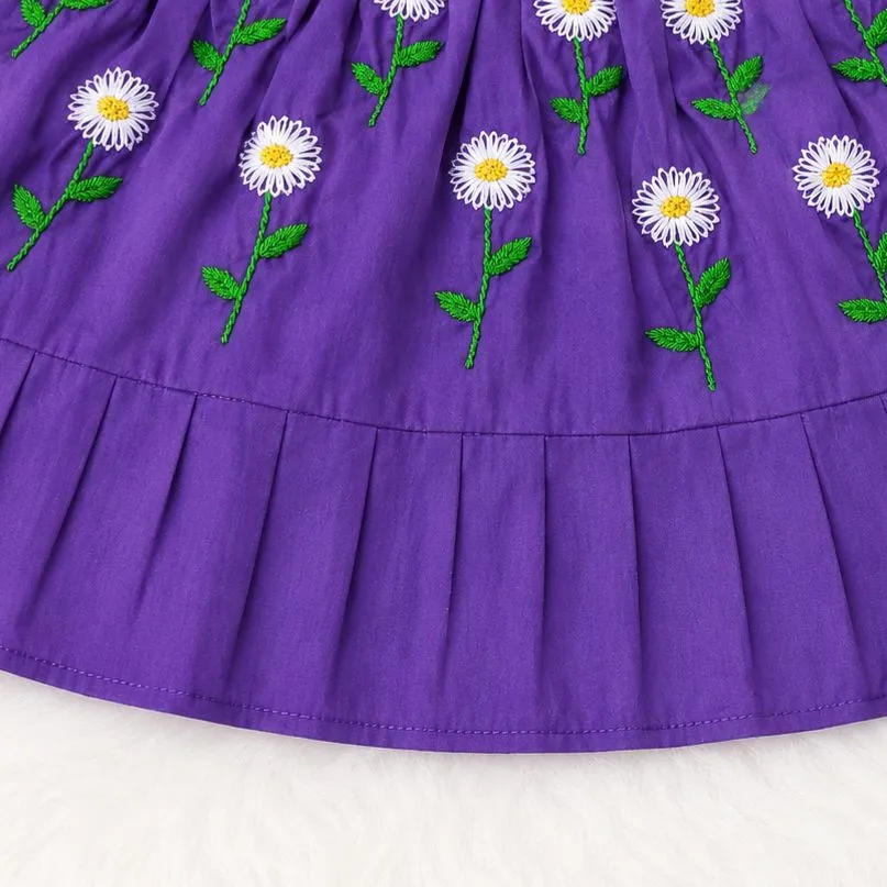 Purple Daisy Flower Embroidery Baby Girl Dress | Handmade Cotton Frock