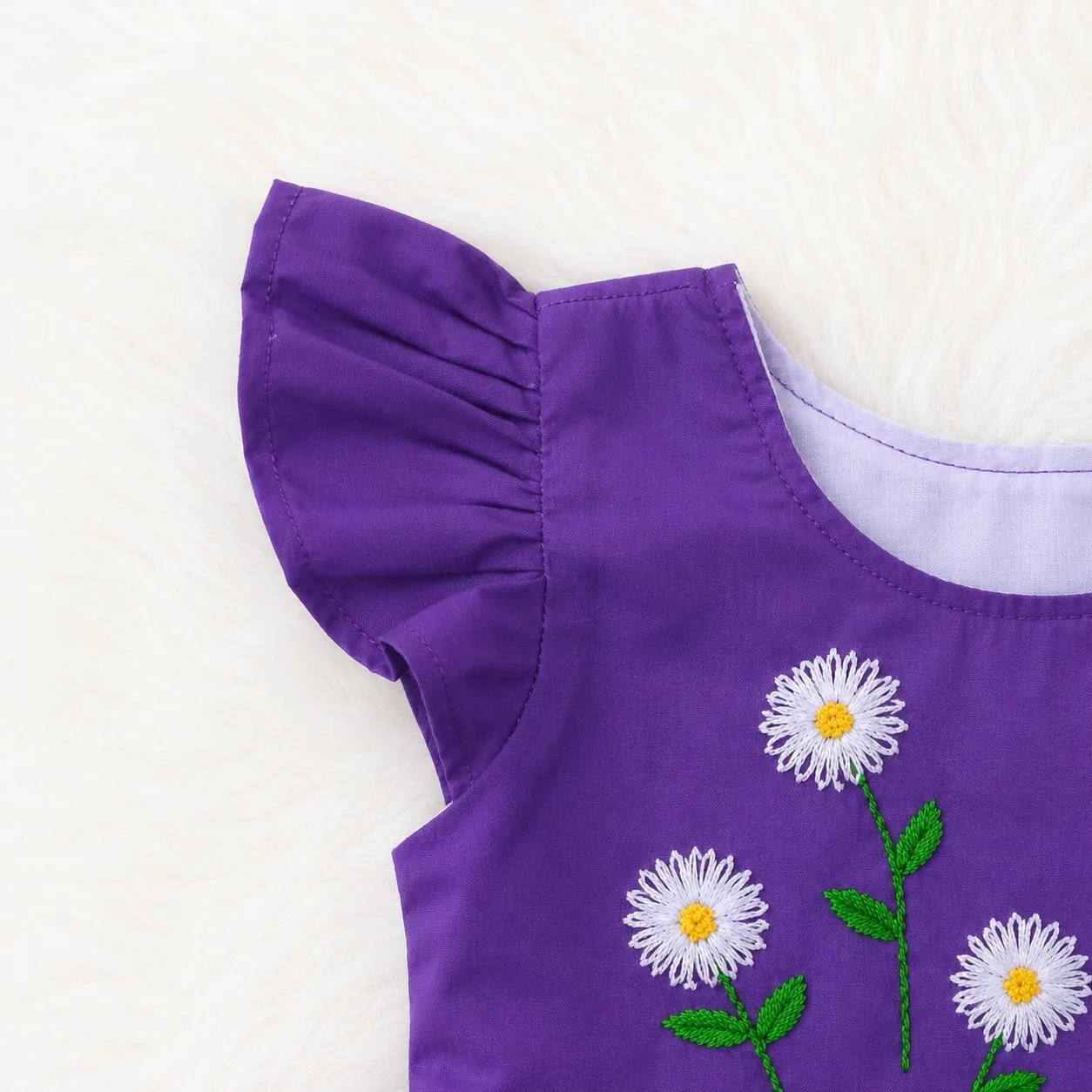 Purple Daisy Flower Embroidery Baby Girl Dress | Handmade Cotton Frock