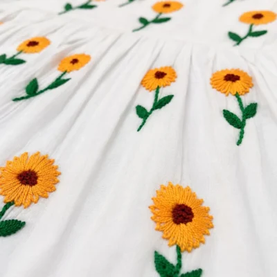 Sunflower Hand Embroidery Baby Dress with Matching Hairband | White Cotton Frock | Suta.bd