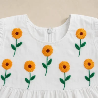 Sunflower Hand Embroidery Baby Dress with Matching Hairband | White Cotton Frock | Suta.bd