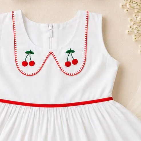 Cherry Embroidery Baby Girl Dress with Matching Hair Band | Soft Cotton White Dress