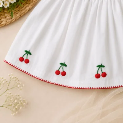 Cherry Embroidery Baby Girl Dress with Matching Hair Band | Soft Cotton White Dress